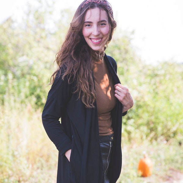 Women's Cocoon Cardigan - Black Bamboo Open Front Tunic Length Sweater with Side Pockets - Adjustable Long to 3/4 Sleeves