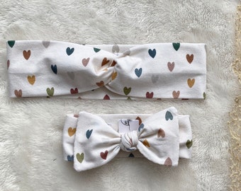 Neutral Hearts Headbands - Baby Toddler Adult Bowknot Headbands - Muted Earth Tones Mini Rainbow Hearts Print Hairband - Girl's Hairstyle