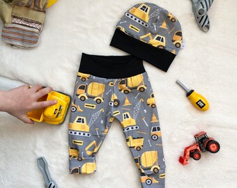 Construction Print Pants + Hat Set - Grey Black Yellow Tools + Trucks Grow-With-Me Clothing - Baby + Toddler Leggings - Boys Growpants