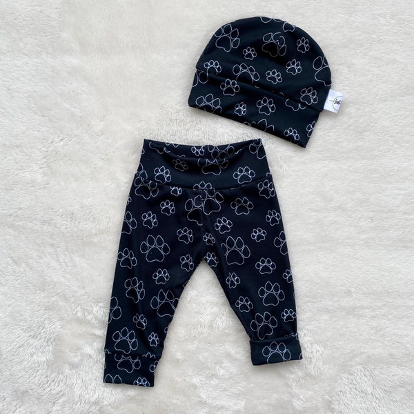 Paw Prints Pants + Hat Set - Monochome Animal Paws Baby Toddler Kids Grow-With-Me Clothing - Black + White Gender Neutral Baby Outfit