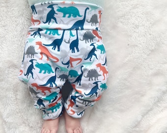 Dino Growpants + Hat Clothing Set - Gender Neutral Multicolor Dinosaurs Grow-With-Me Baby Pants - Orange Navy Grey Dino Print Baby Leggings