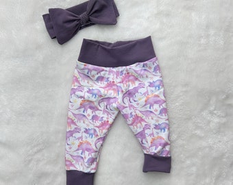 Purple Dino Print Growpants - Watercolor Pink + Purple Dinosaurs - Optional Matching Purple BowKnot Headband - Baby Girl Clothing - Leggings