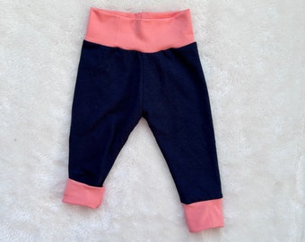 Navy + Coral Bamboo Pants, Hat + Headband Set - Growpants - Grow-With-Me Pants - Baby + Toddler Leggings - Spring Color Block Style