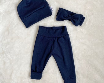 Navy Bamboo Growpants, Hats + Headbands - Dark Blue Grow-With-Me Baby Clothing Sets - Gender Neutral Handmade Baby Outfits