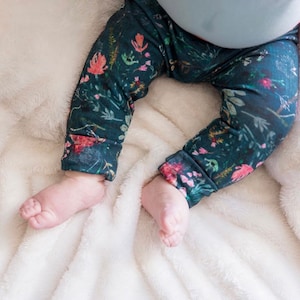 Teal Wildflower + Coral Pants + Hat Set - Grow-With-Me Baby Toddler Kids Clothing - Turquoise Peach Floral Print - Growpants - Baby Leggings