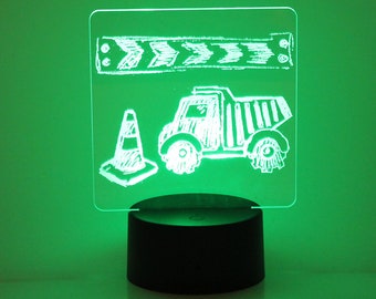 Construction Night Light - Hand Drawn - LED Light - Work Zone - Custom Engraved Light - Dump Truck - Hard Hat Area.....