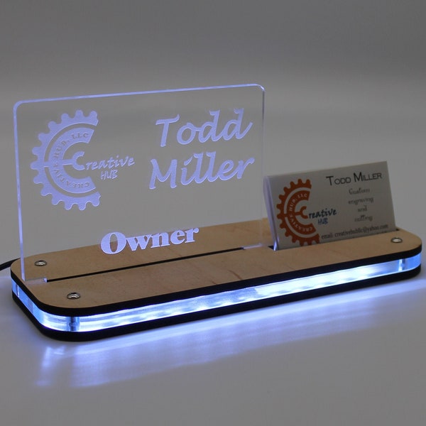 Business Card Display - Business Card Holder - Desk Light - Name Tag and Title - LED Light - Customized Made - Personalized Light