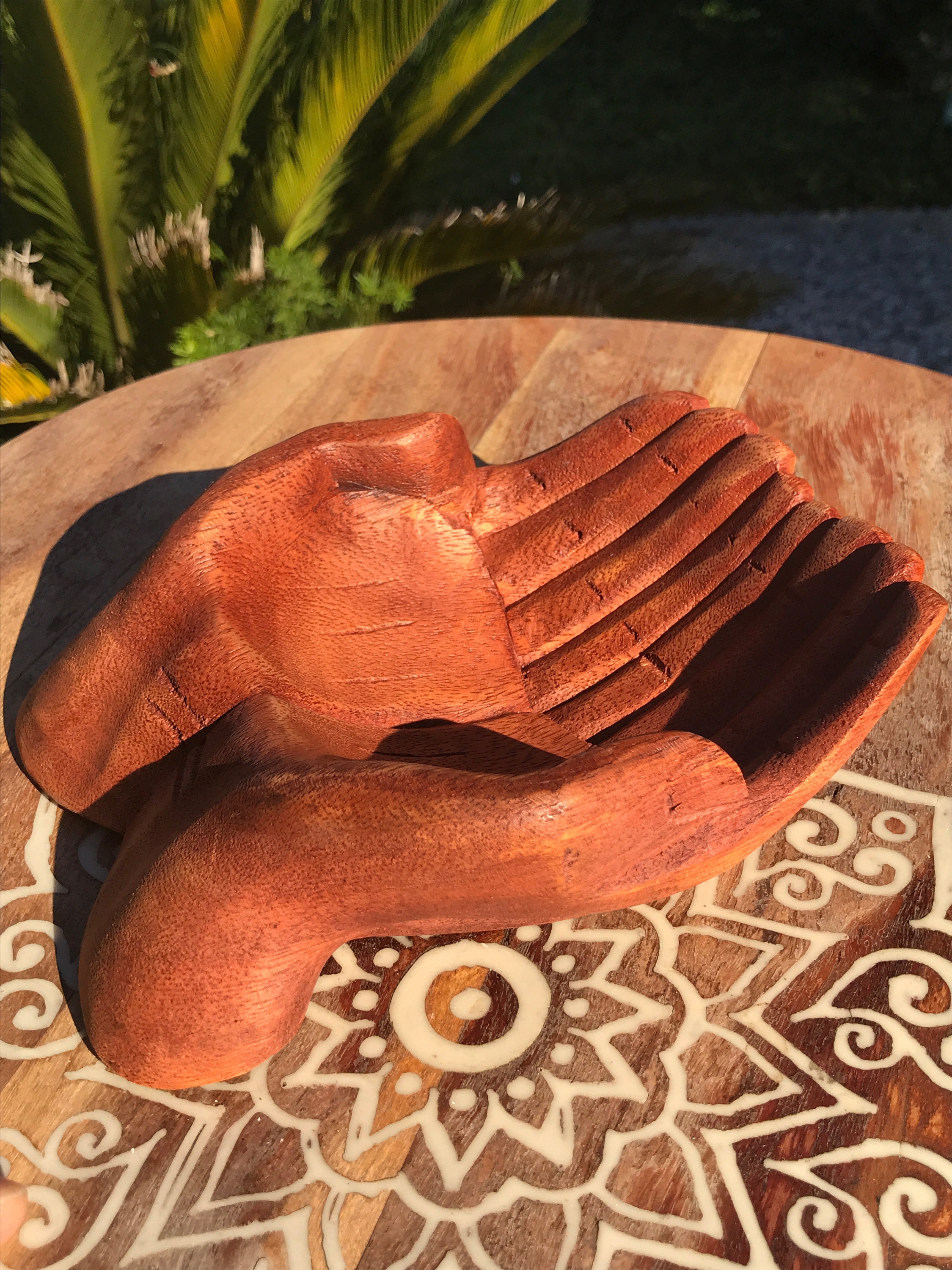 Hand Carved Wooden Hands Crystal Holder bowl display