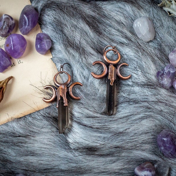 Smoky Quartz Earrings with Triple Moons, Copper Electroformed