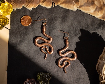 S-shaped Snake Earrings, Copper Electroformed