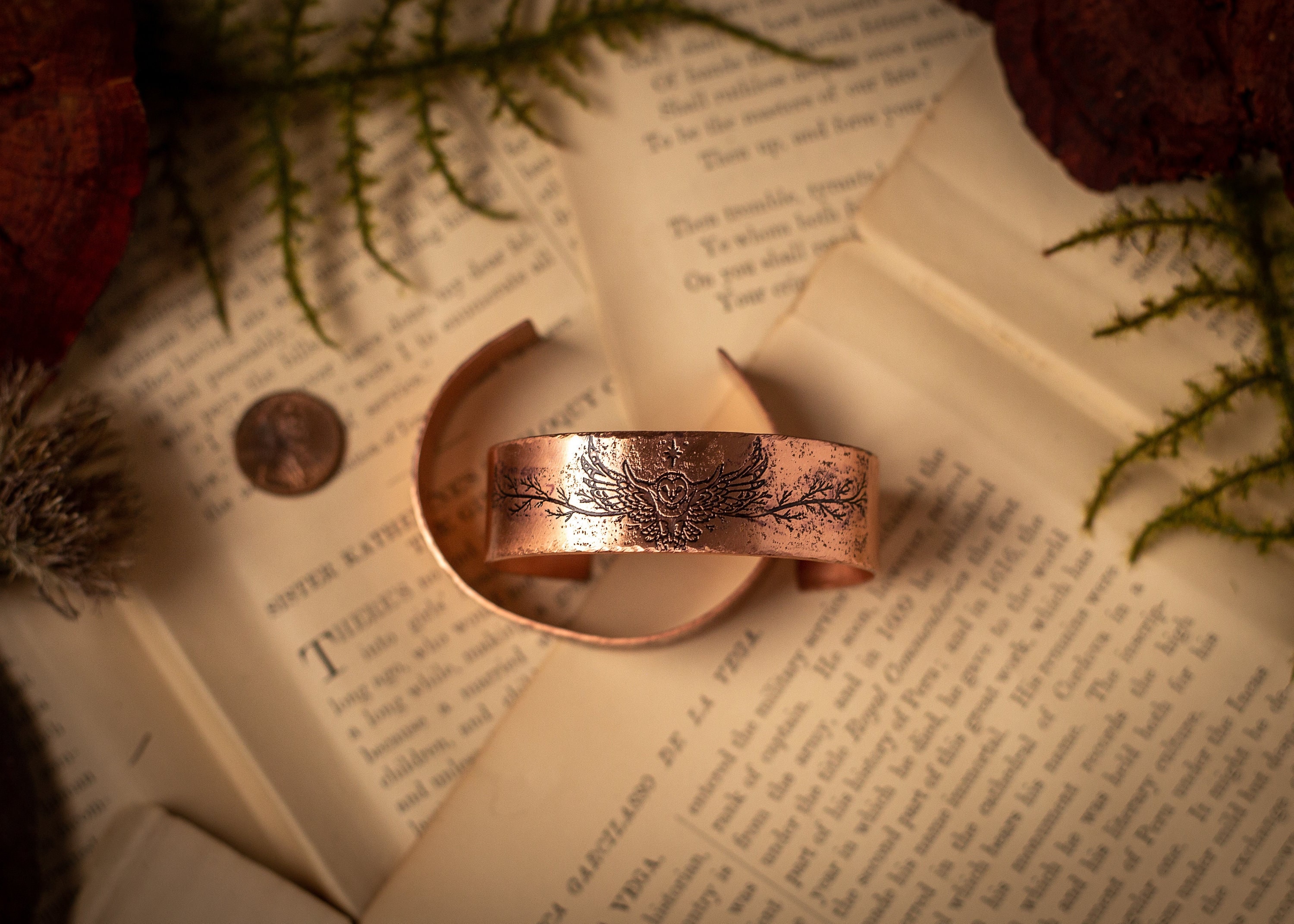 Flying Owl Cuff Bracelet, Etched Copper - Barn Owl - Labyrinth - Goblin King - Witch - Familiar - Wi