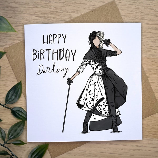 Cruella De Vil Birthday Card, Cruella Fashion Birthday Card, Cartes pour soeur, Cruella Emma Stone, Fashion Illustration, Cute birthday card