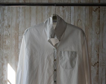 White cotton satin Vitamin Shirt, long sleeve washed blouse on white cotton, oversized button-down cotton shirt, extra-long white satin top