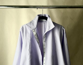 Vitamin jacket in lavender twill, cotton shirt jacket, lavendar jacket, fit and flare jacket, travel and leisure jacket with snap closure