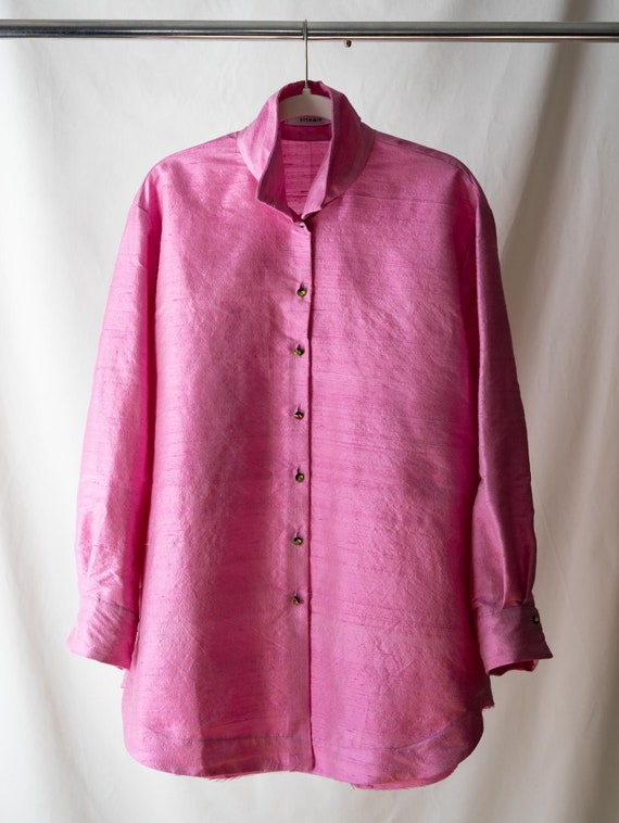 Hot pink silk button down best sale shirt