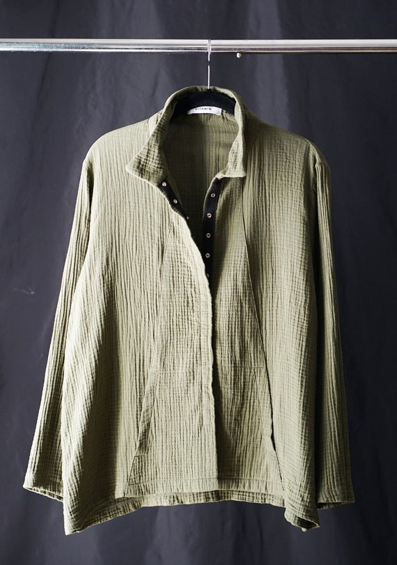 Vitamin Shirt Jacket in Khaki Double Gauze Cotton, Soft Drape Jacket Behaves Like A Sweater, Simple Daily Workwear, Lounge Wear, Go to Coat