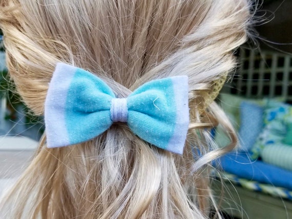 Light Blue Green And White Striped Hair Bow Etsy