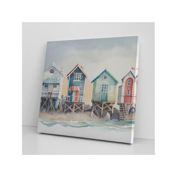 Watercolor Beach Huts Canvas Wall Art; Beach Bungalow Canvas Artwork; Beach Cottage Print