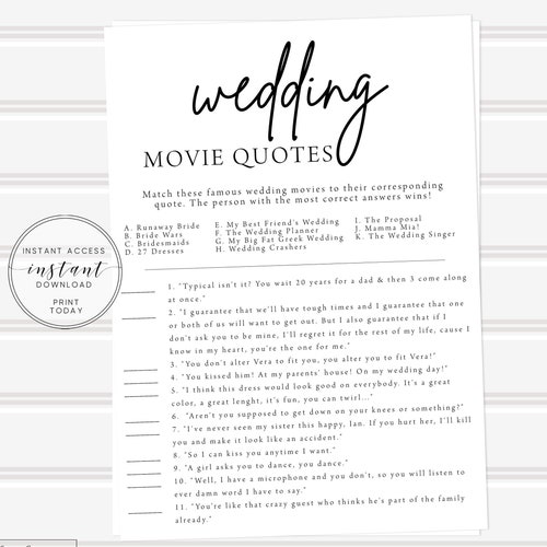Movie Love Quotes Bridal Shower Game Bridal Shower Games Etsy