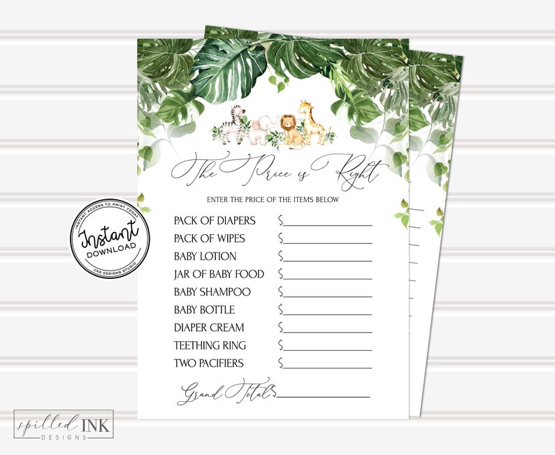 The Price is Right Baby Shower Game With Greenery and Safari Etsy
