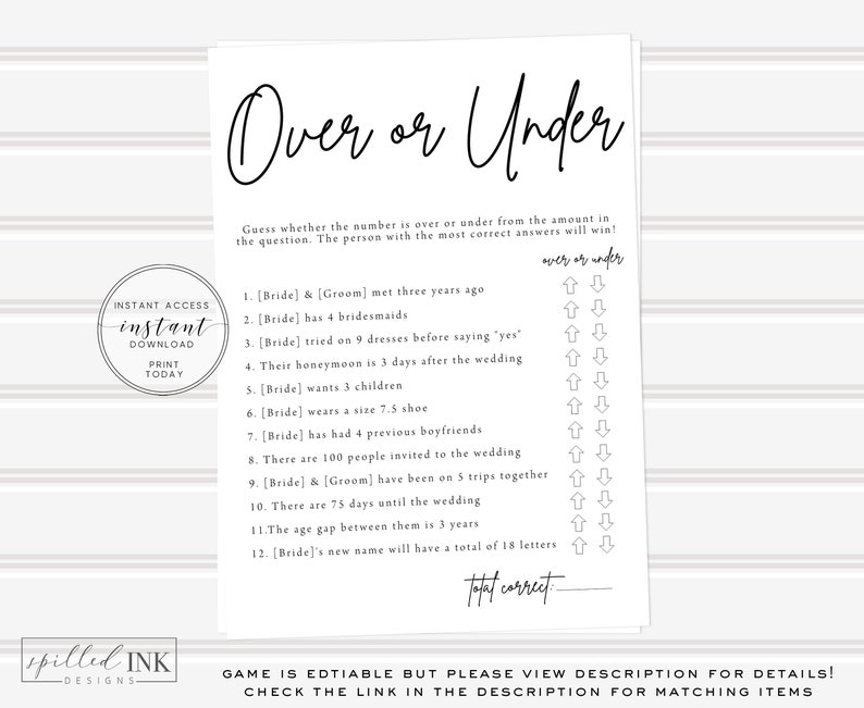 Editable Over or Under Game Minimalist Bridal Shower Game - Etsy
