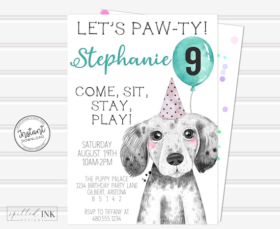 Puppy Party Invite Pawty Birthday Invitation Printable Editable ...