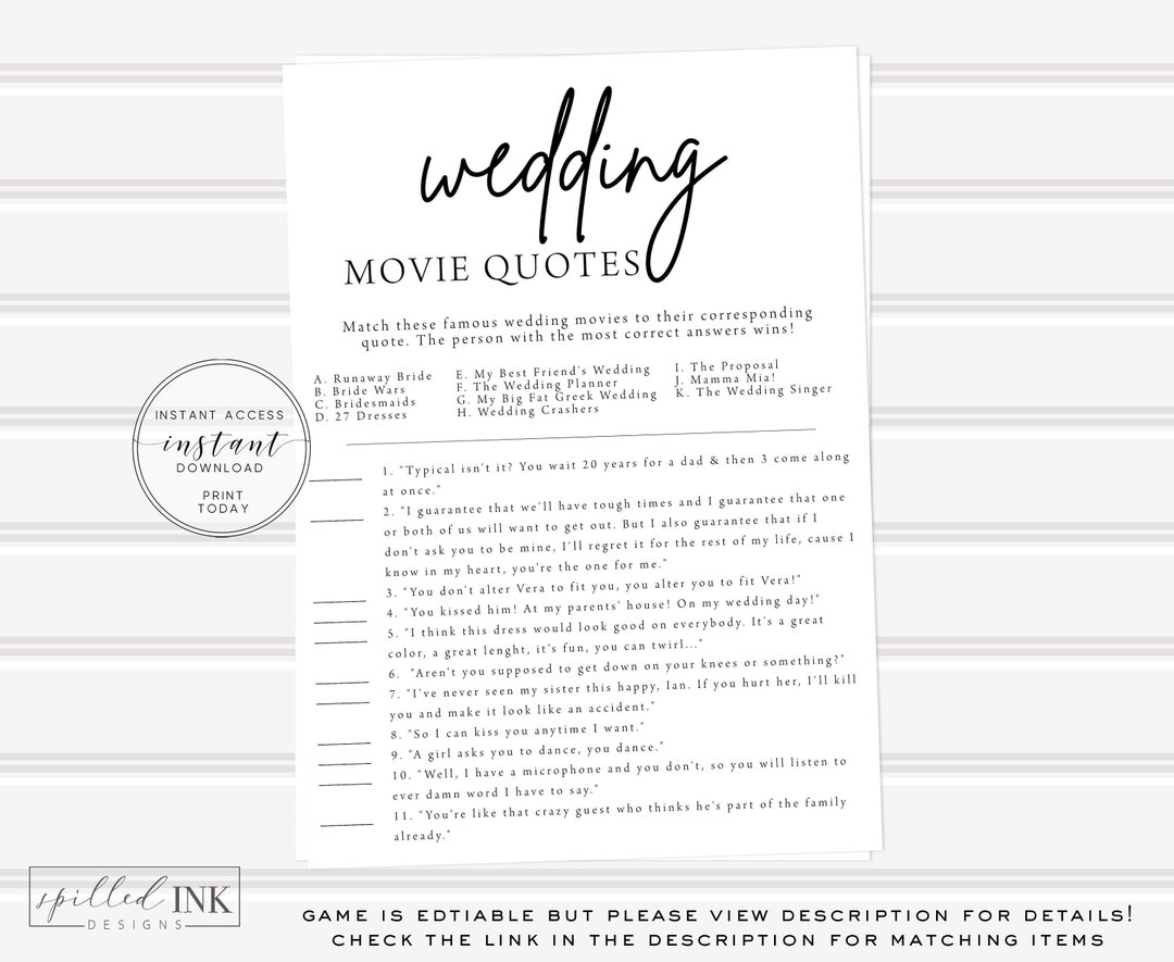 Editable Wedding Movie Quotes Game Minimalist Bridal Shower Etsy