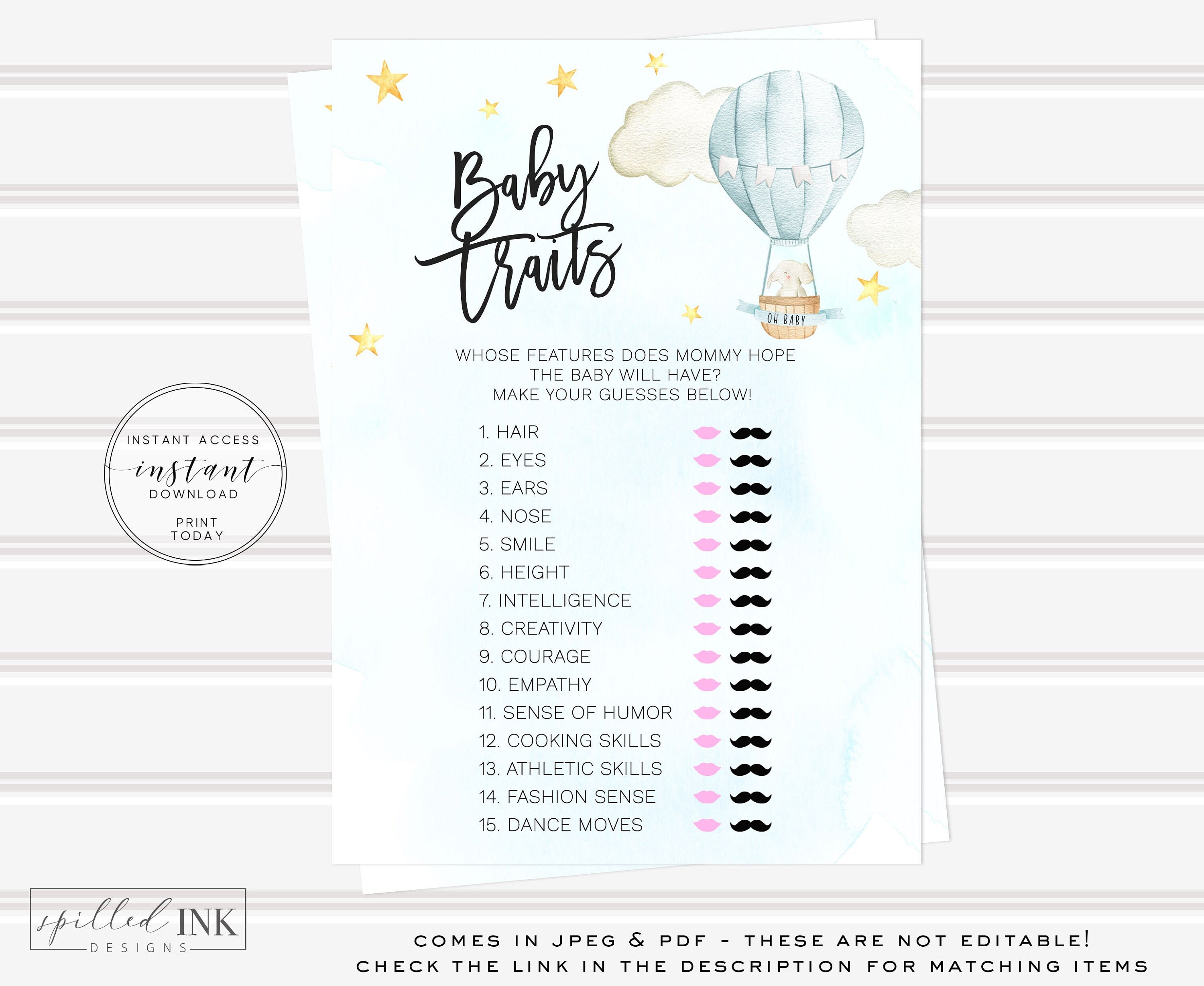 Baby Traits Game up up and Away Baby Shower Games Hot Air - Etsy