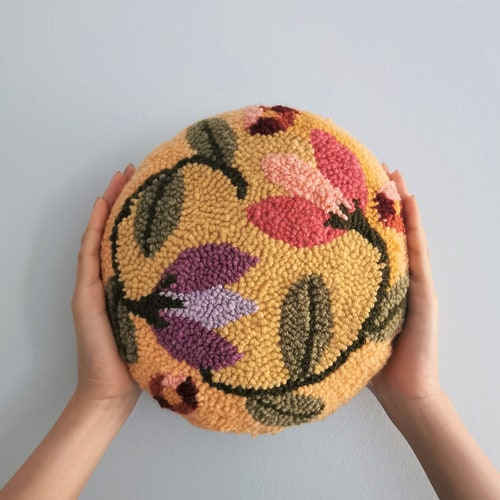 Round Punch Needle Pillow Flowers and Leaves Etsy