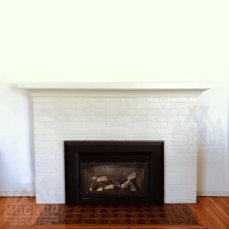 Download White Brick Fireplace Mantel & Wood Floor Mockup Empty | Etsy