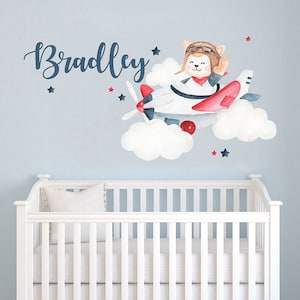Custom Name Airplane Bear Wall Decal Sky Scenary Wall Decal - WD10. Removable Nursery Wall Decal for Baby Room - Mural Wall Decal for Kids