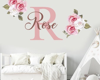 Roses Custom Name Initial Wall Decal - WM131. Removable Girls Wall Decal Mural Wall Decor . Girly Flowers Sticker