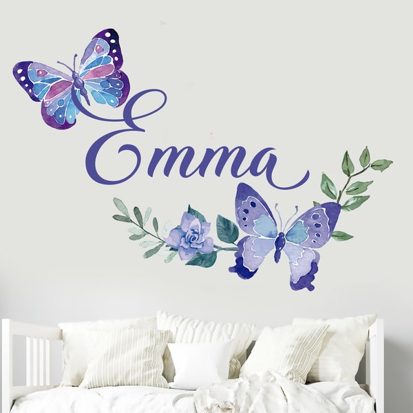 Custom Name Butterfly Wall Decal- Girls Room Wall Decor - WM531. Custom Name Removable Nursery Wall Decal for Girl - Flower Mural Wall Decal
