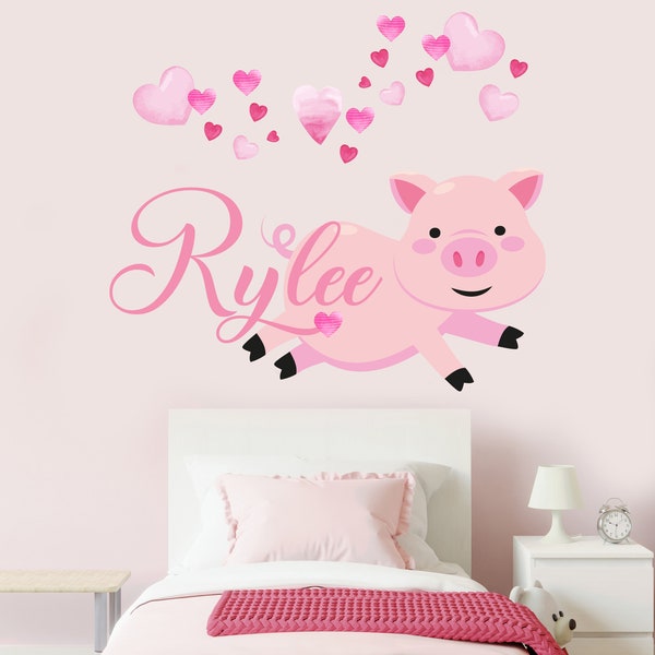 Custom Name Cute Pig Nursery Wall Decal - WM270 -  Removable Nursery Wall Decal for Baby Room - Mural Wall Decal  for Kids