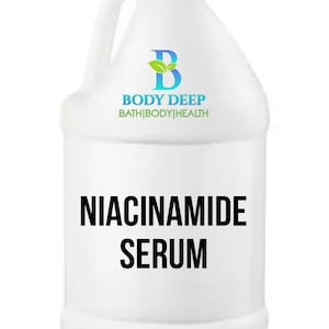 May include: White plastic jug with a green and blue logo that says "Body Deep Bath|Body|Health" and the text "NIACINAMIDE SERUM" in black.