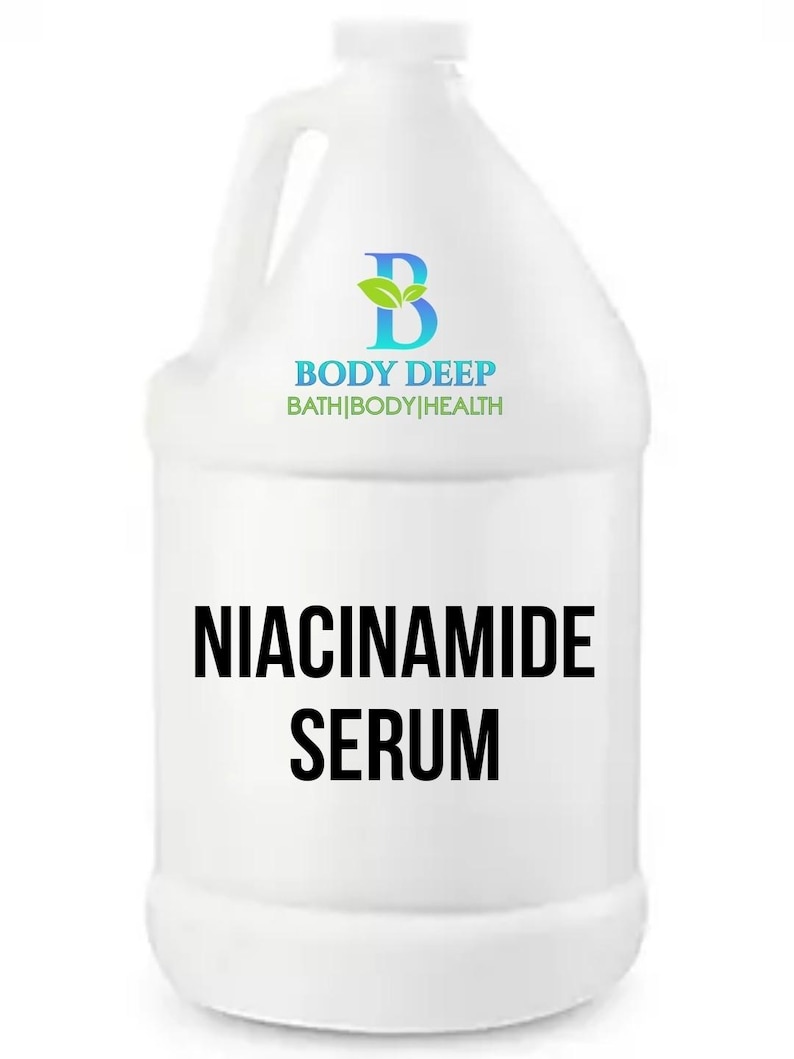 May include: White plastic jug with a green and blue logo that says "Body Deep Bath|Body|Health" and the text "NIACINAMIDE SERUM" in black.