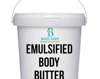 May include: A white bucket with a silver handle, featuring the text "EMULSIFIED BODY BUTTER" in large, bold, black letters. The bucket also has the logo "BODY DEEP BATH|BODY|HEALTH" in blue and green.