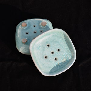 Handmade turquoise sandstone soap holder, “handmade” ceramic