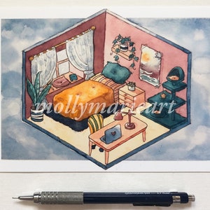 Isometric Floating Bedroom, 5x7 digital print