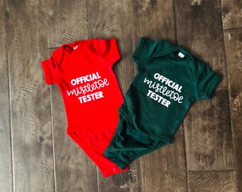 Official Mistletoe Tester Red & Green Cotton Baby Onesie, Holiday Outfit, Christmas Attire, Gift, Baby’s First Christmas