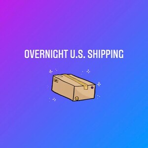 May include: A cartoon illustration of a brown cardboard box with a white label and tape. The box is floating in the air with sparkles around it. The text "OVERNIGHT U.S. SHIPPING" is above the box.