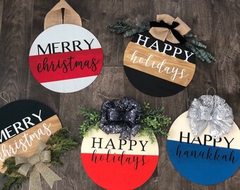 Personalized Holiday wood stained front door wreath w/ bow & greenery