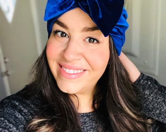 Velvet Top Knot or Bow Baby Turban Hat (Azul), Head Wrap, Velour Turban for Women in chemo, Newborn, Toddler, baby shower gift, new mom gift