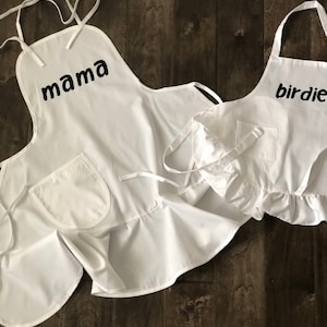 Mommy Daughter Matching White Ruffle Aprons with personalized names