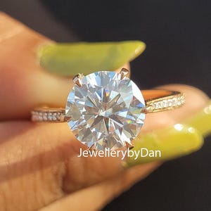 Round Cut Moissanite Engagement Ring, 14K Rose Gold Hidden Halo Ring, Micro Pave Wedding Ring, Proposal Ring, Anniversary Gift for Her