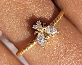 14K Gold Bumble Bee Ring, Marquise Diamond, Vintage Nature Stacking Ring