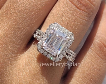 Emerald Cut Diamond Engagement Ring Set, 14k White Gold Rings, Moissanite Ring Set, Half Eternity Wedding Band, Bridal Ring, Gift For Her