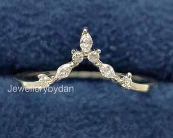 Unique V Shape Chevron Wedding Band, 0.13 CT Marquise & Round Lab Grown Diamond Tiara Band, Curve Matching Band, Stackable Band, Crown Band