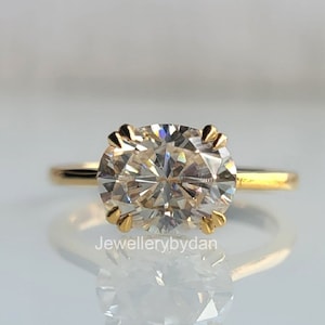 East West Oval Cut Moissanite Solitaire Engagement Ring, 14K Yellow Gold Stackable Wedding Ring, Proposal Ring, Anniversary Gift For Her
