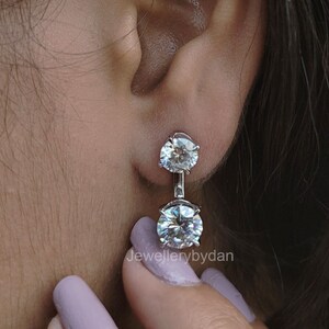 Moissanite Dangle Earrings, 14K White Gold Round Cut Drop Earrings, Push Back Wedding Jewelry Gift for Her